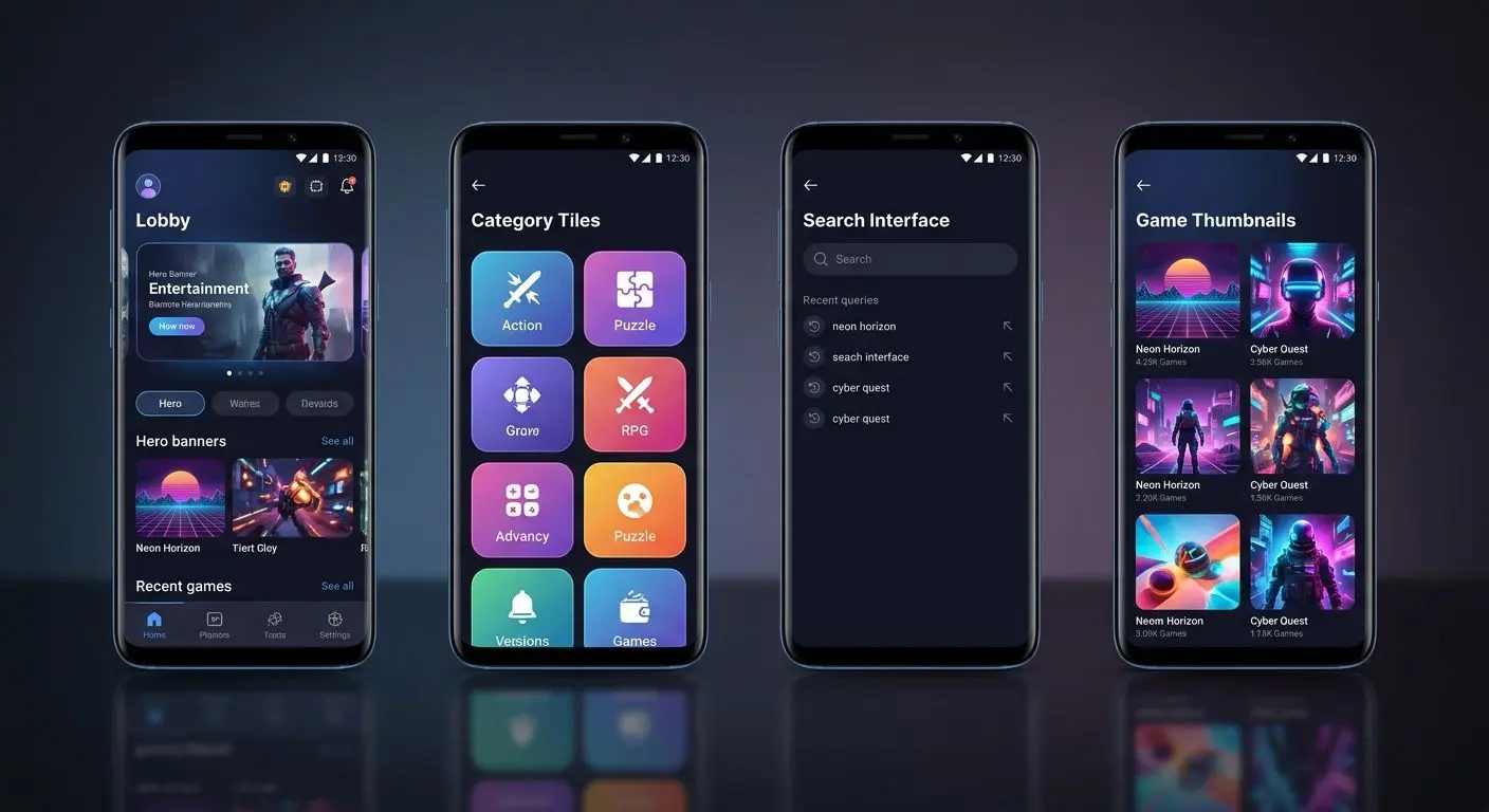 Android app lobby and game categories on smartphone screens