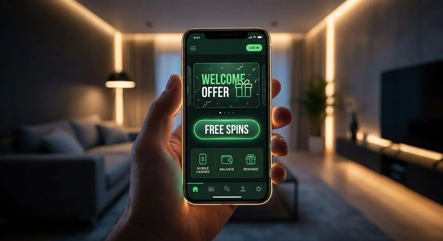 Mobile phone showing bonus offers and spins on a PlayOJO-style interface