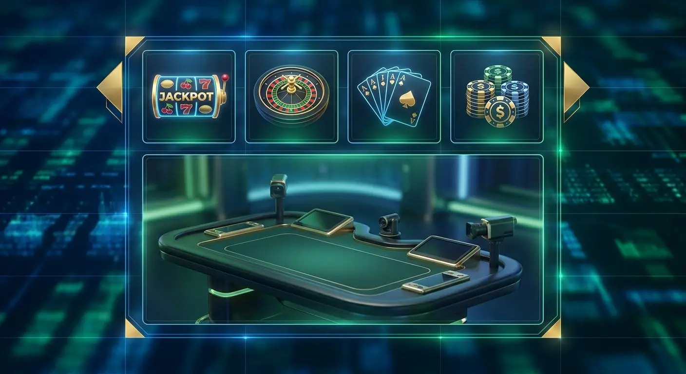 Collage of slot, roulette, card and live table game categories