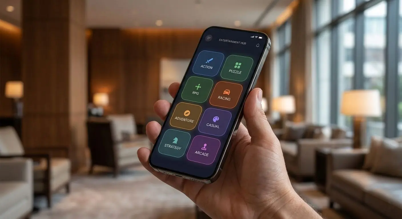Hand holding smartphone with game categories and mobile navigation