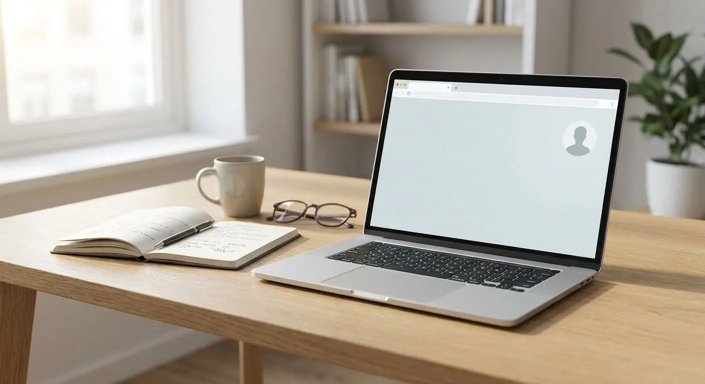 Author workspace illustration with laptop and profile icon