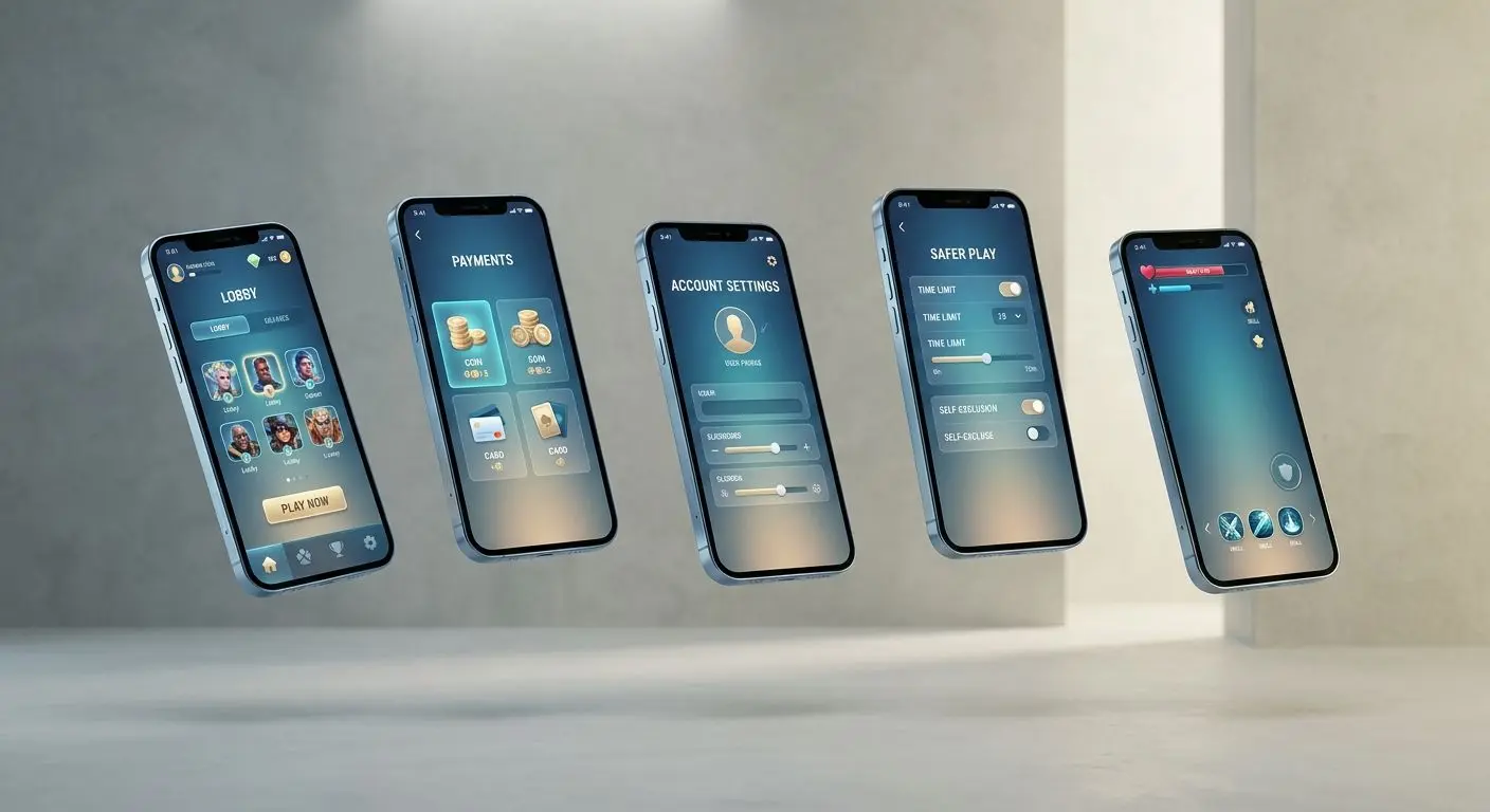 Mobile platform features overview Multiple smartphones showing mobile lobby, payments and account settings