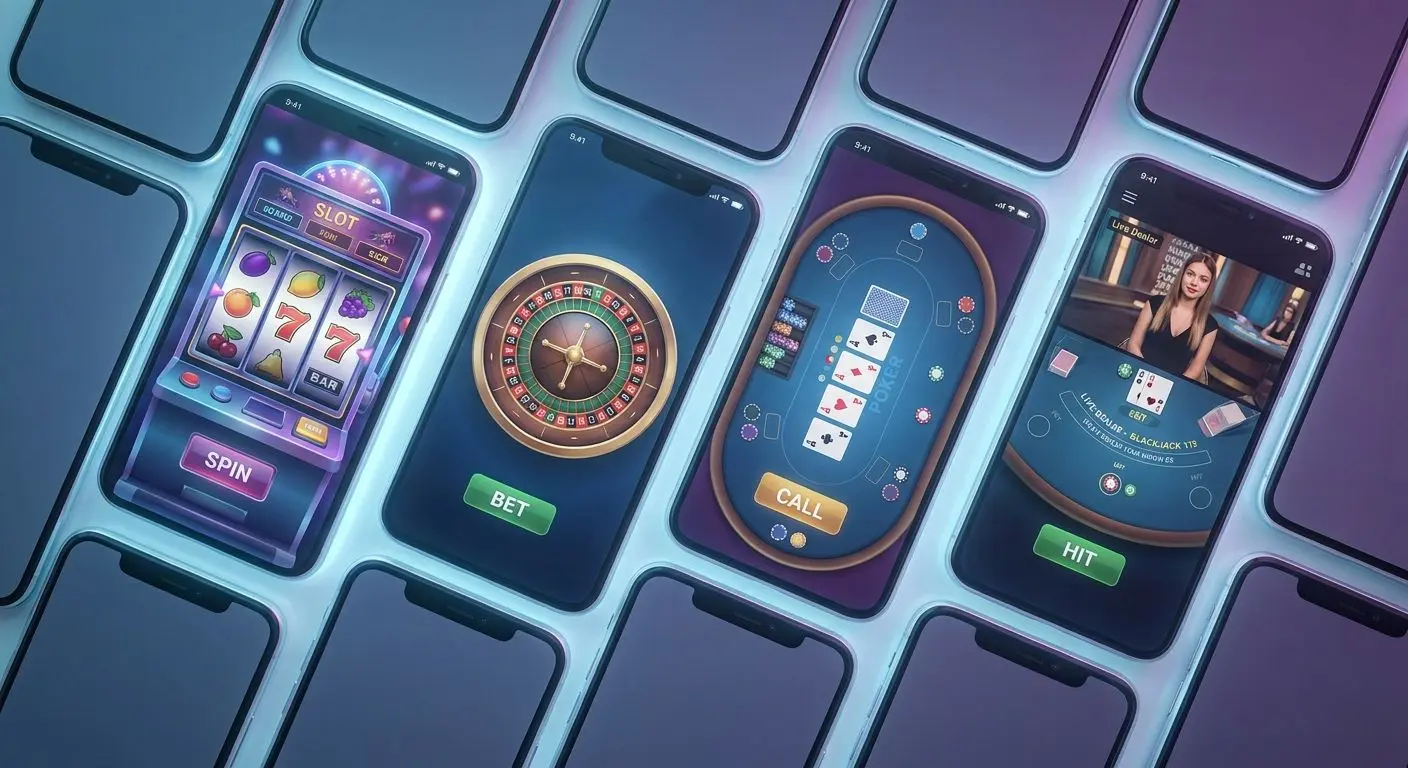 Mobile game variety on PlayOJO Collage of mobile slots, table games and live game interfaces