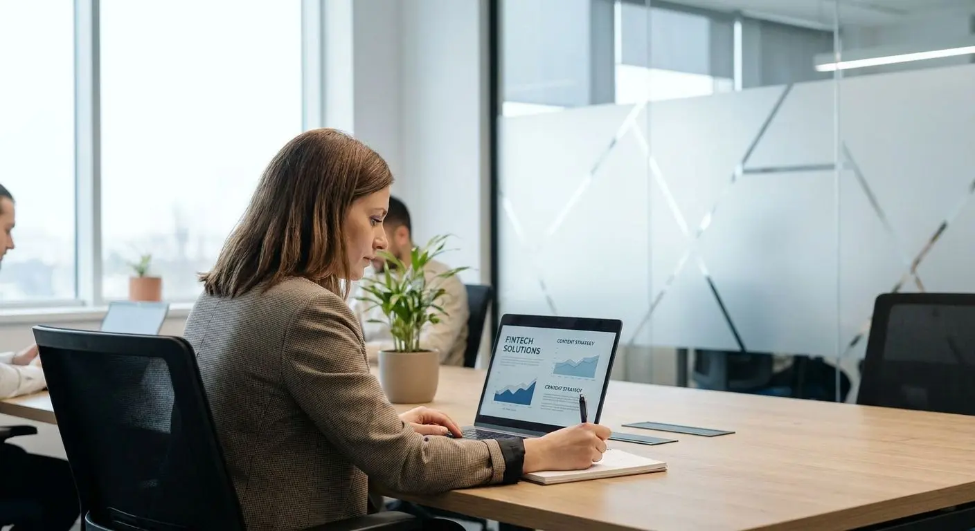 Editorial illustration of an online payments content specialist at a desk
