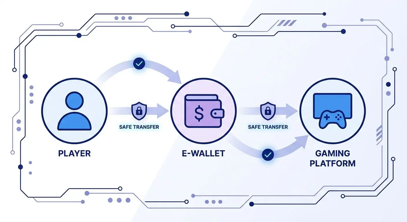 Diagram showing player to e-wallet to platform payment flow