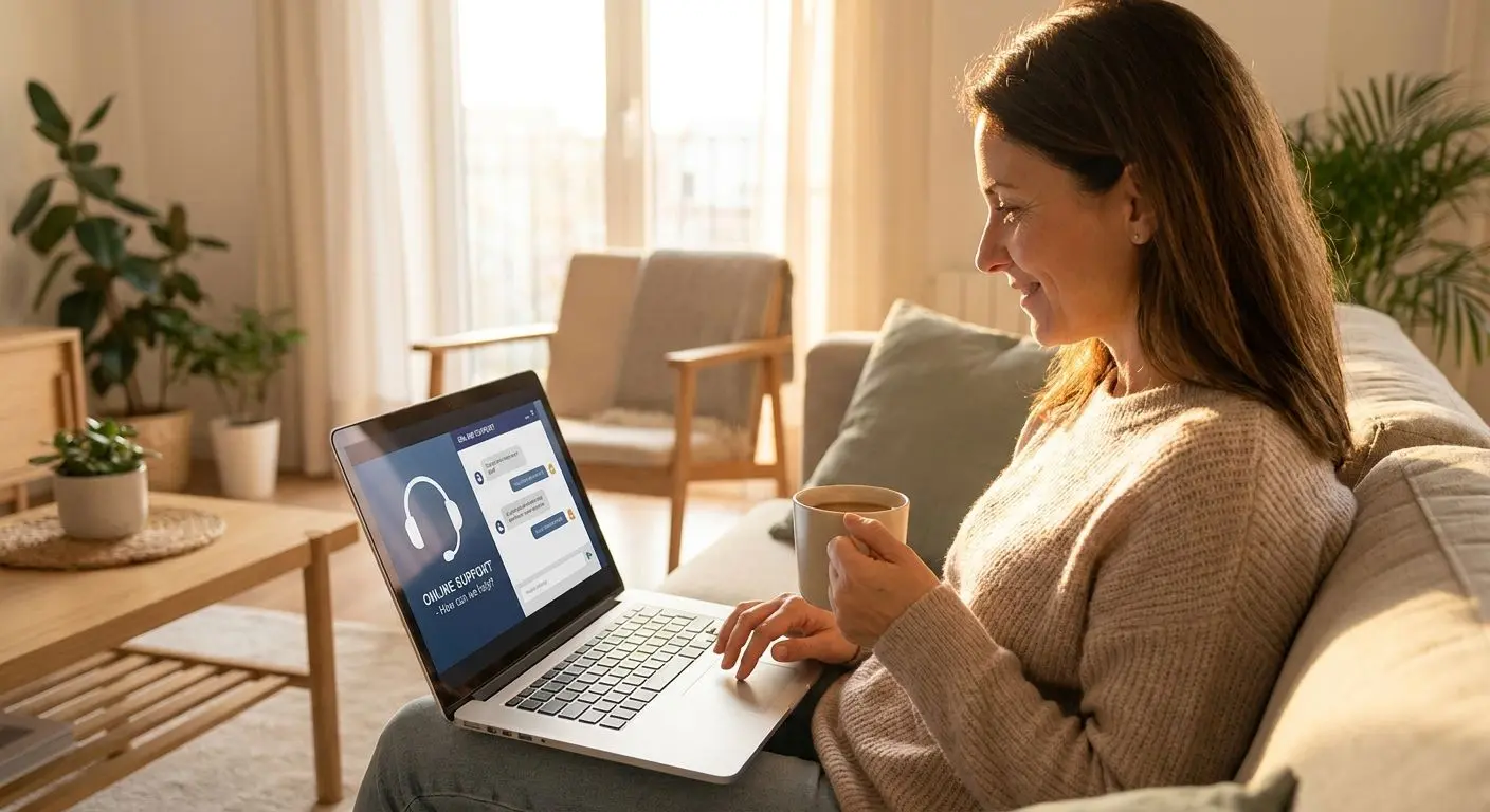 Adult user speaking with online support in a calm home environment