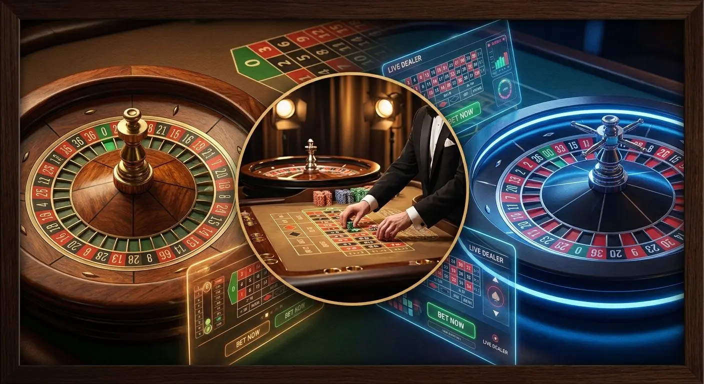 Different roulette table styles including live and virtual formats
