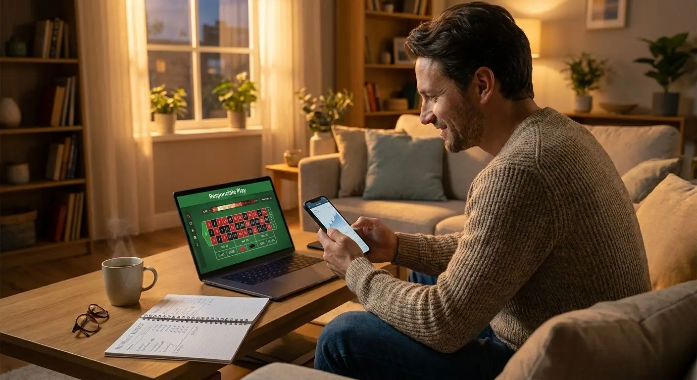 Player managing budget while using online roulette on laptop