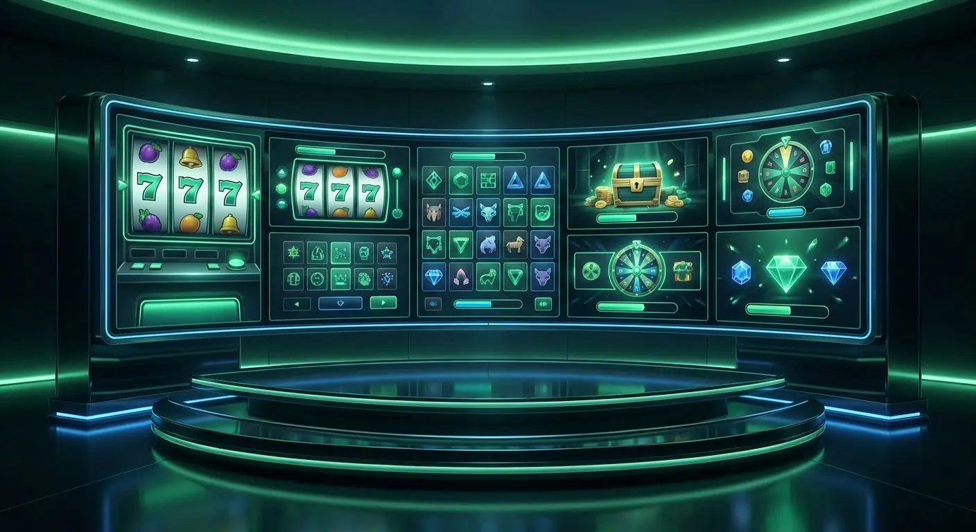 Digital showcase of a varied online slots lobby