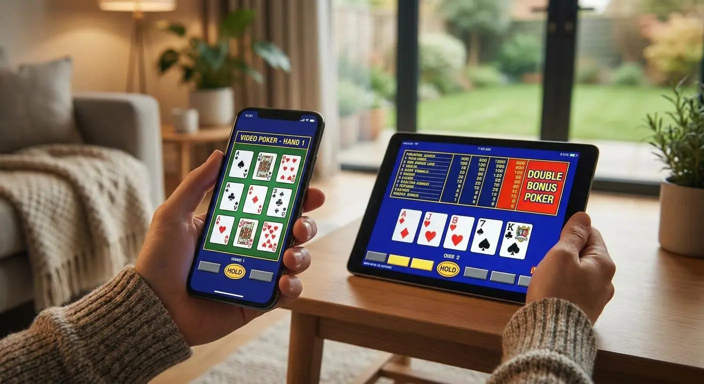 Play video poker on mobile Person using smartphone and tablet for mobile video poker style play